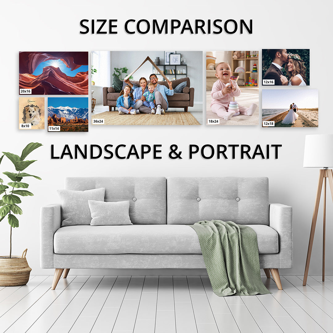 Size comparison chart for landscape and portrait photos displayed on a wall above a gray sofa for Coya Crafts.
