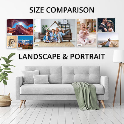 Size comparison chart for landscape and portrait photos displayed on a wall above a gray sofa for Coya Crafts.
