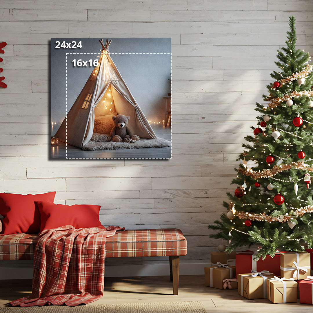 Canvas print of a teepee with a teddy bear next to a Christmas tree and presents. Highlights square sizes by Coya Crafts